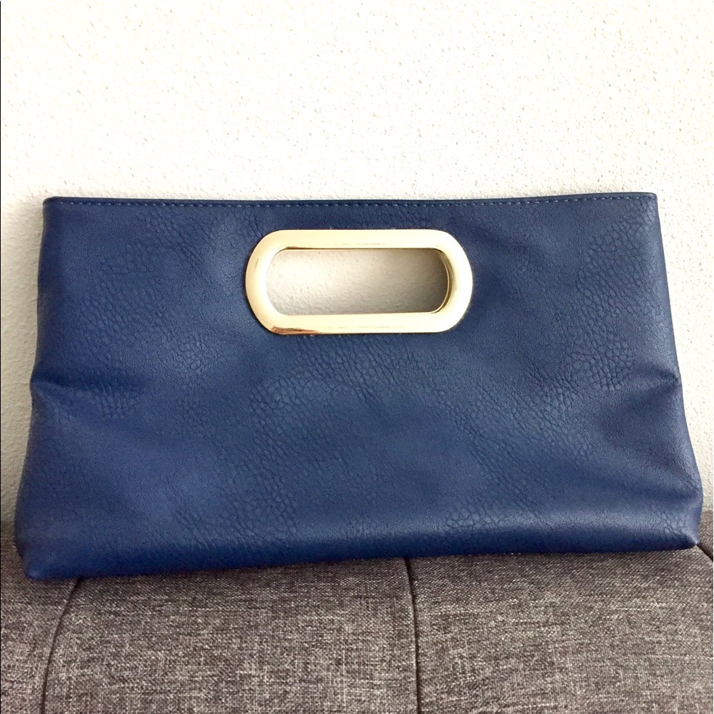 Charming Charlie Navy Blue Clutch with Gold Oval Handle
